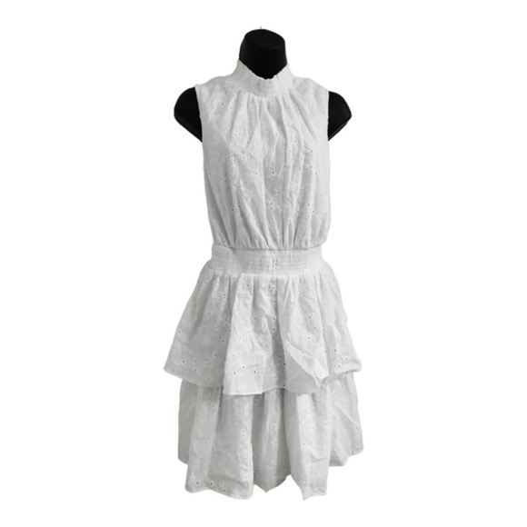 Laundry white eyelet elastic waist tiered neck tie sleeveless dress size 2 new - Picture 2 of 16